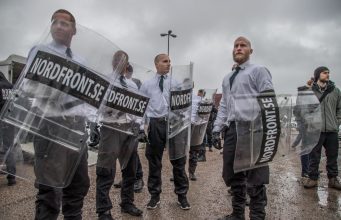 Nordic Resistance Movement marchers on May Day 2018 in Ludvika, Sweden