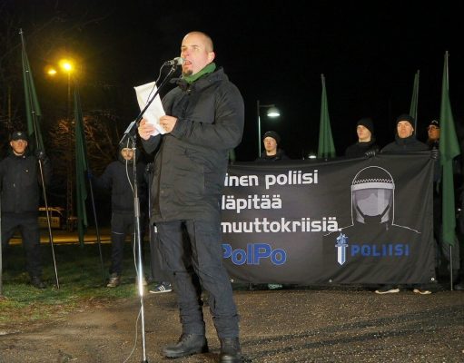 Simon Lindberg holds a speech at the 2018 Finnish Independence Day National Socialist march