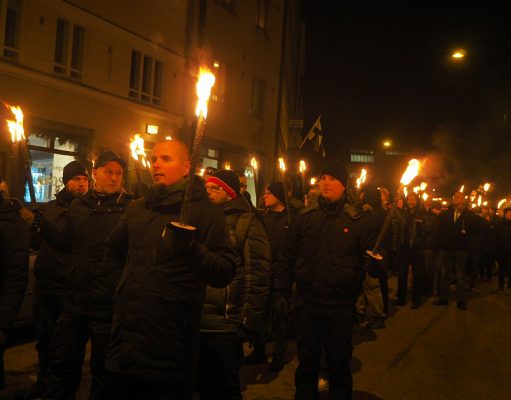 Nordic Resistance Movement members at the 612 Independence March in Helsinki, 2018
