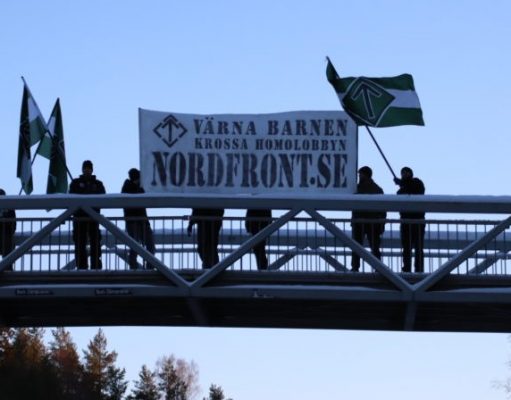 Nest 5 Nordic Resistance Movement activists hold a banner reading “Protect the Children – Crush the Homo Lobby” on a bridge in Borlänge, Sweden