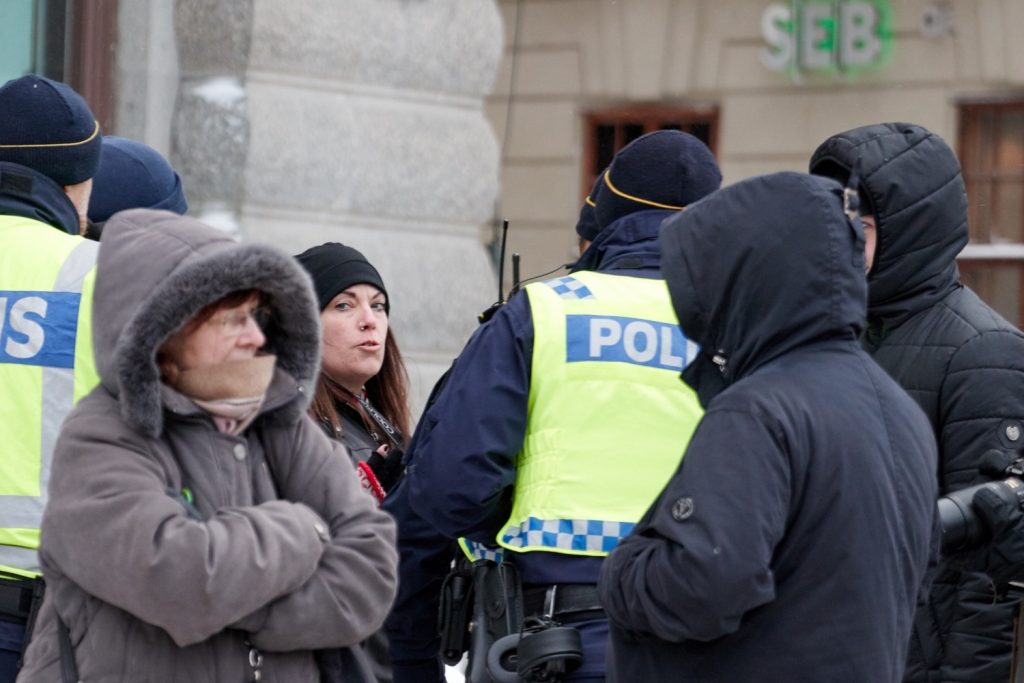 Sara Leifsdotter is taken away by police at Stockholmers for a Sovereign Sweden rally, 3 February 2019
