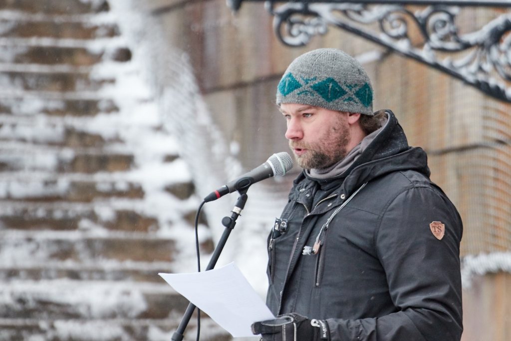 Pär Sjögren speaks at the Stockholmers for a Sovereign Sweden rally, 3 February 2019