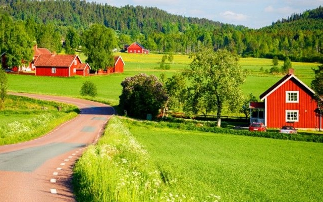 Red houses in idyllic Swedish countryside