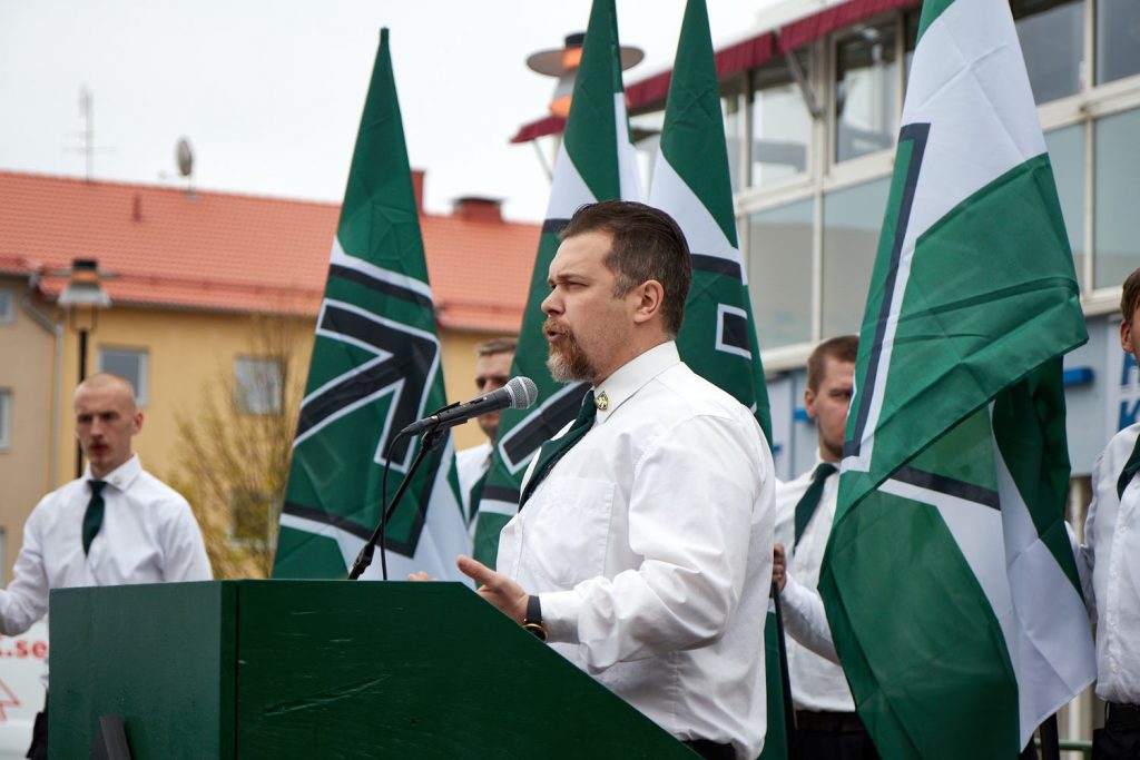 Fredrik Vejdeland speaks at the Nordic Resistance Movement 1 May demonstration in Kungalv