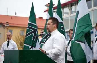 Fredrik Vejdeland speaks at the Nordic Resistance Movement's 1 May demonstration in Kungalv