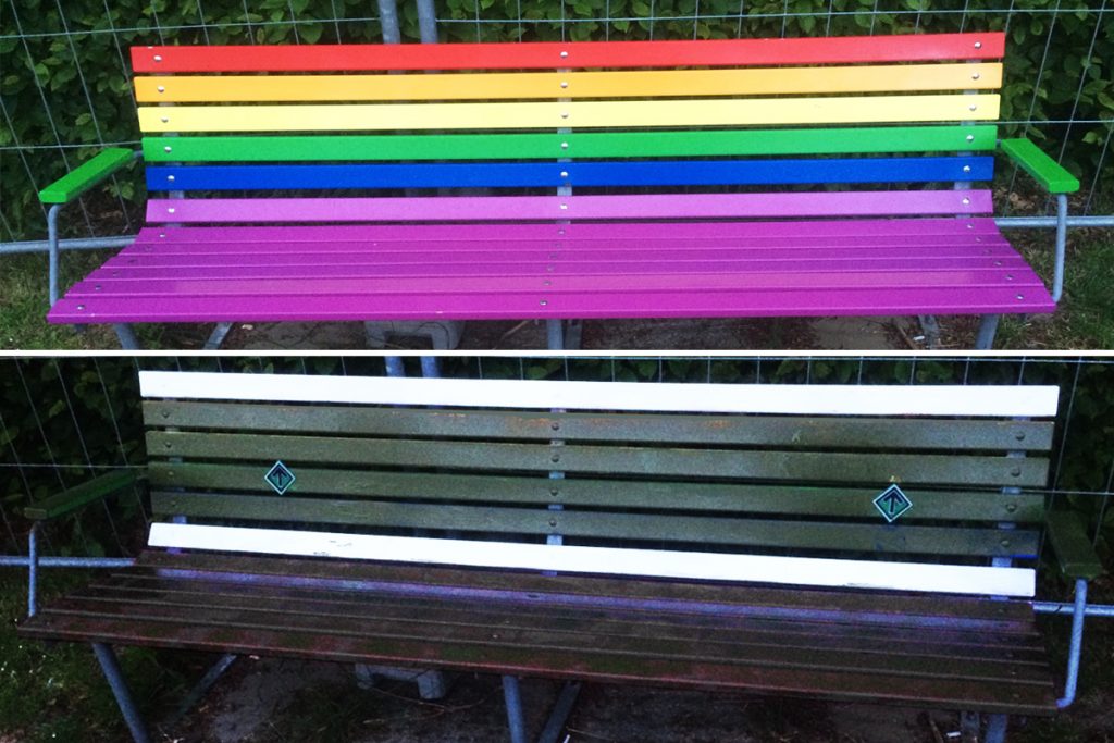 Danish homo lobby bench in Aarhus is repainted by Nordic Resistance Movement members