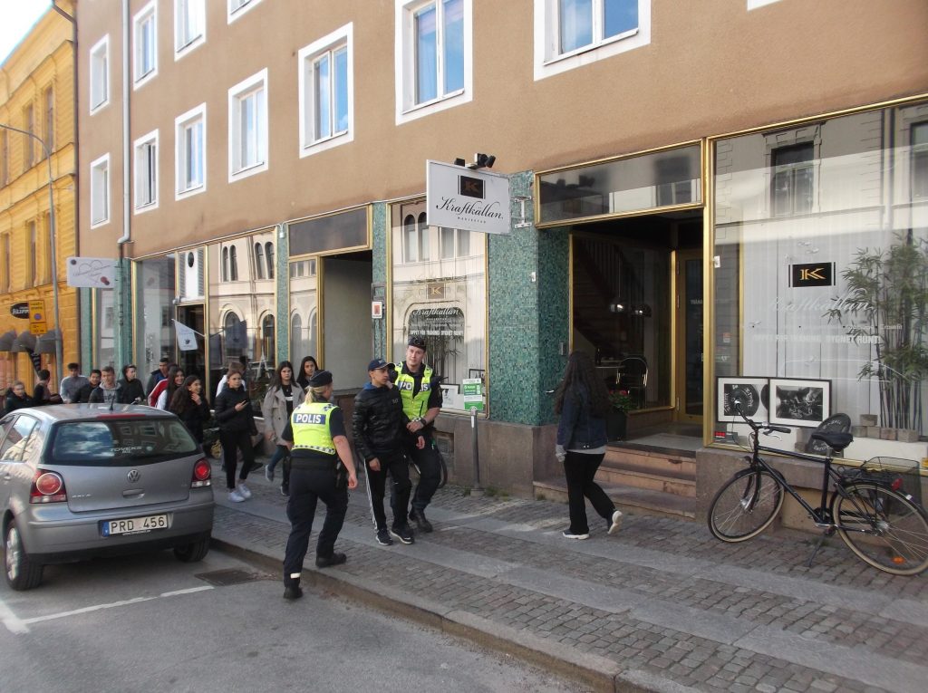 A racial stranger being arrested at a Nordic Resistance Movement activism session in Mariestad