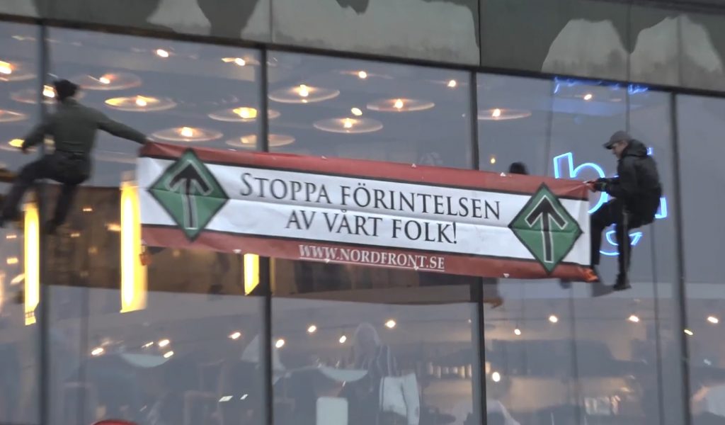 Nordic Resistance Movement banner on the House of Culture, Stockholm