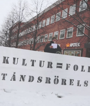 "Multiculturalism = Genocide" NRM banner in Skellefteå, Sweden