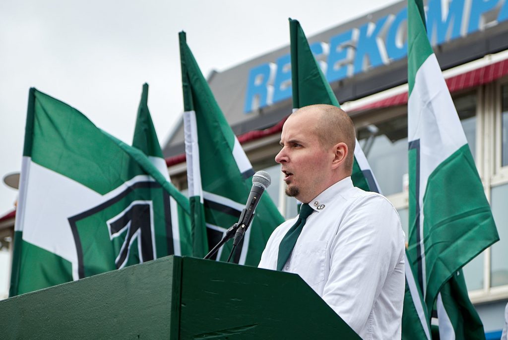 Simon Lindberg gives a speech at Nordic Resistance Movement demonstration