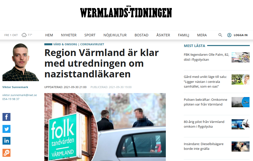 Nya Wermlands Tidningen "Nazi dentist" screenshot