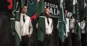 Flag bearers at the Nordic Resistance Movement's Organisation Days 2021