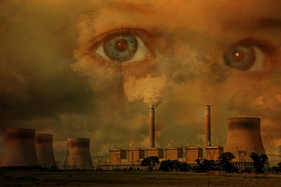 Eyes looking at factory pollution