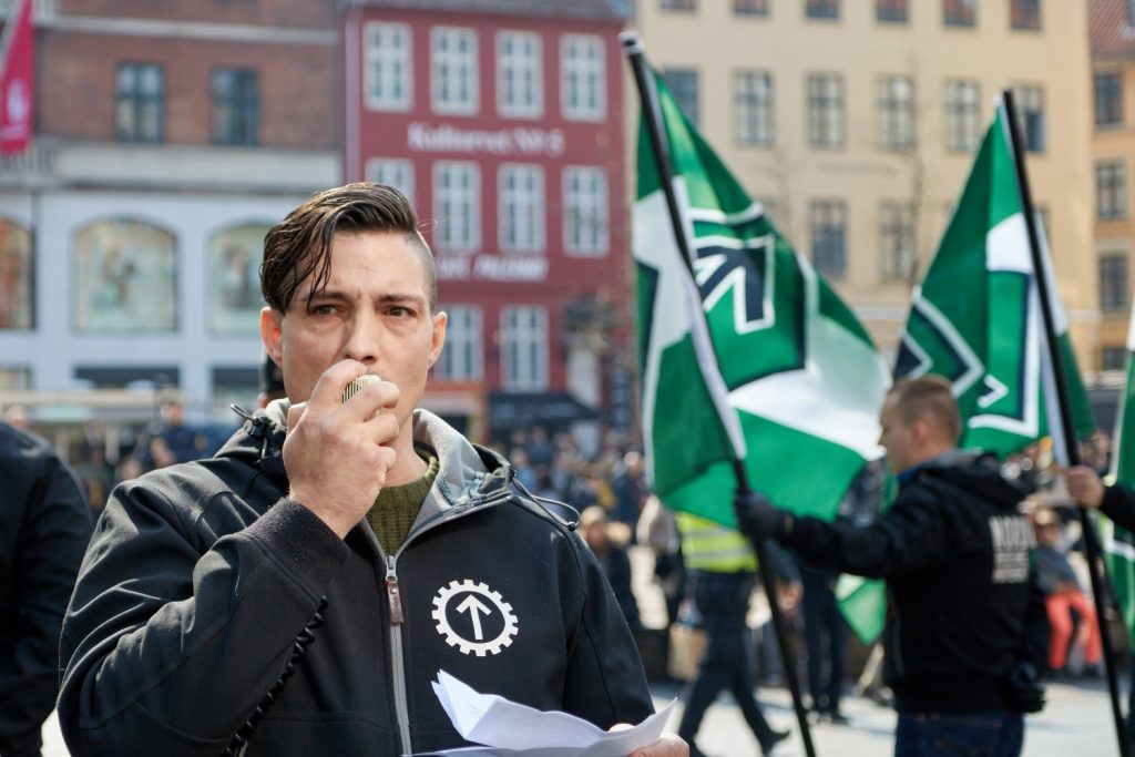 Jacob Vullum speaks at Nordic Resistance Movement demonstration in Copenhagen, Denmark