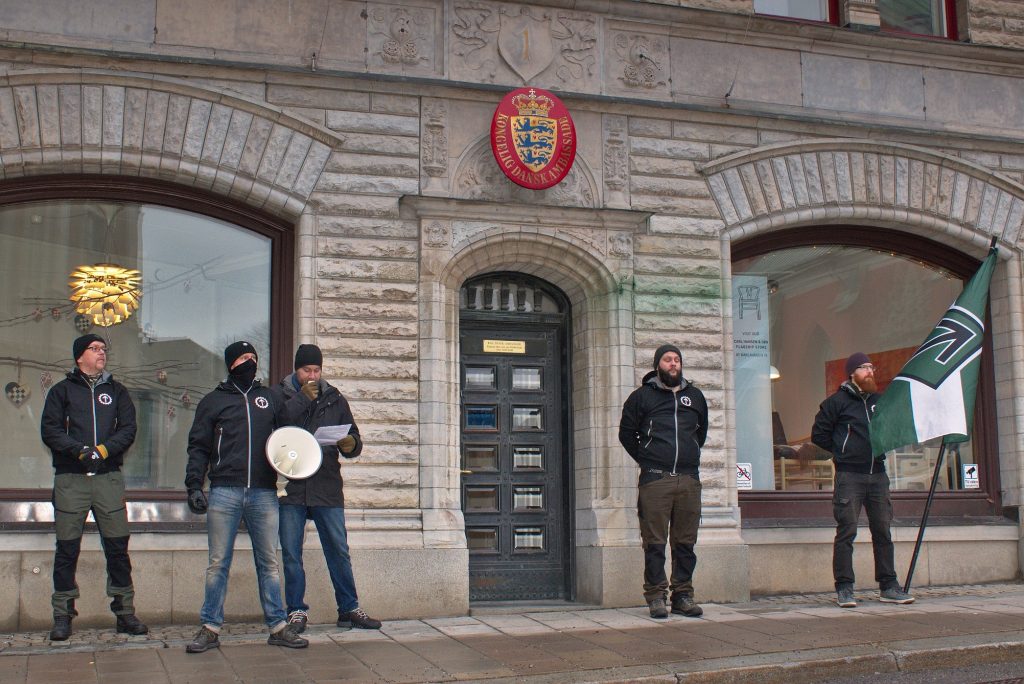 Nordic Resistance Movement activism in support of Danish workers and against Covid passports, Stockholm Danish embassy