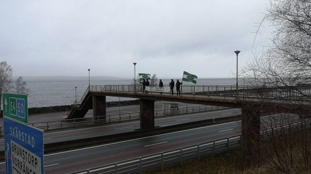 NRM banner action on bridge in Jönköping, Sweden