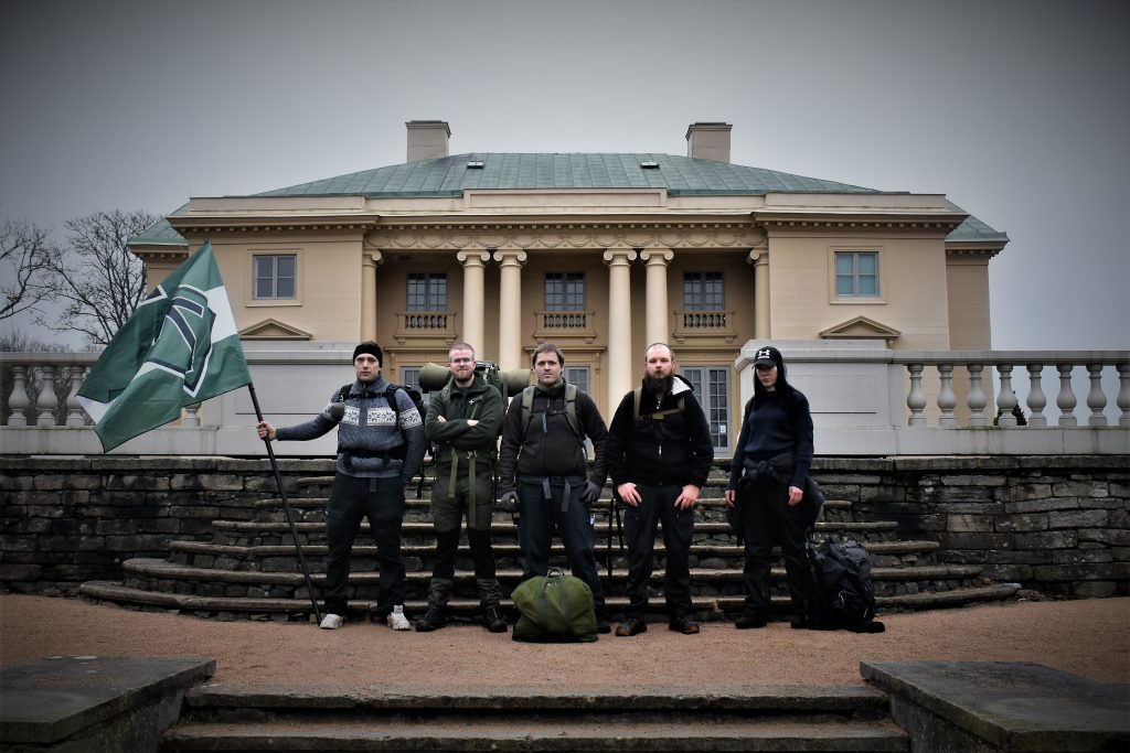 Nordic Resistance Movement activists in front of Gunnebo House, Sweden, on the Bohusleden hiking trail