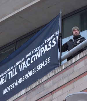 Nordic Resistance Movement vaccine passport banner, Dalarna, Sweden