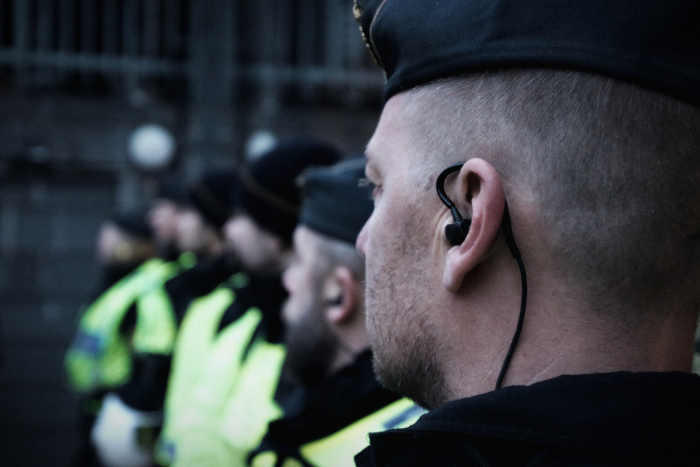 Police at anti-vaccine passport demonstration, Stockholm