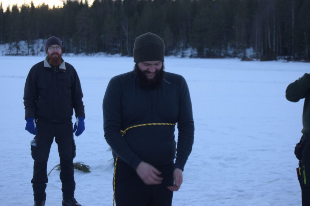 Walking on icy Lake Rämen, Dalarna, Sweden
