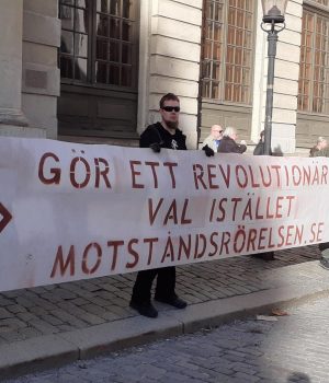 Nordic Resistance Movement banner at Alternative for Sweden rally, Stockholm