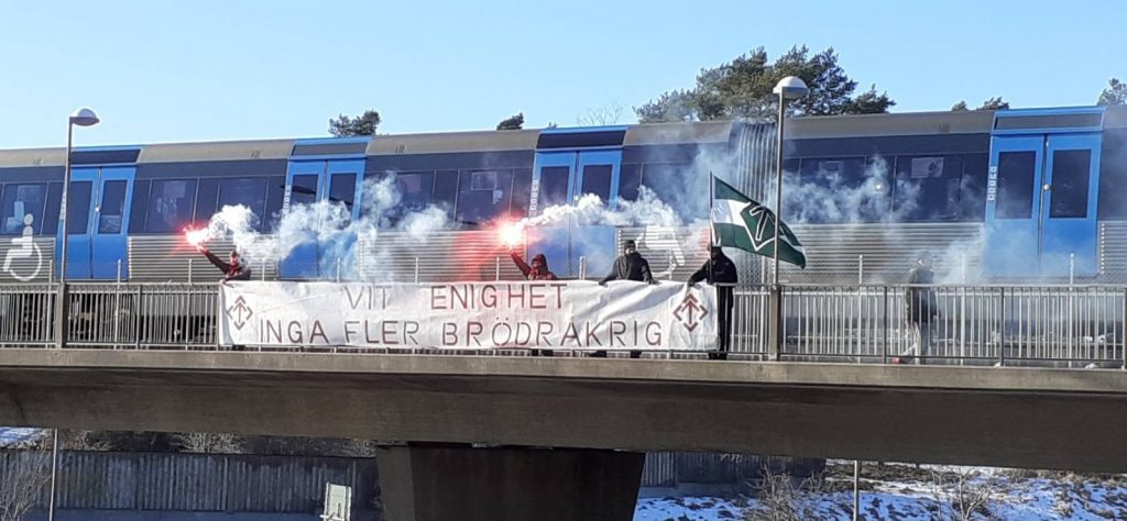 Nordic Resistance Movement "No More Brother Wars" banner action, Stockholm, Sweden