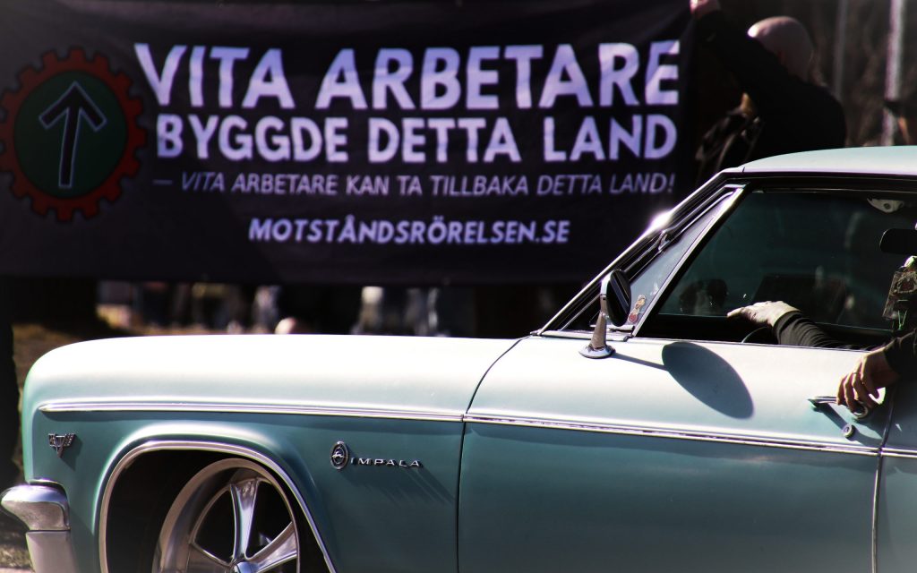 Nordic Resistance Movement banner at Power Big Meet classic car show, Lidköping, Sweden