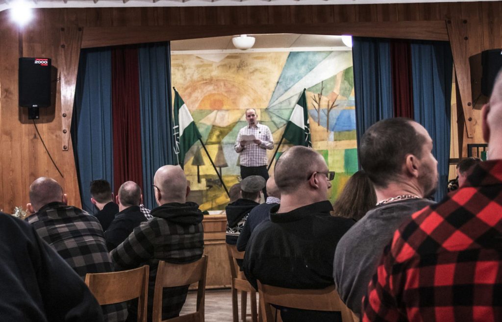 Simon Lindberg gives a speech at the Nordic Resistance Movement 25th anniversary celebration