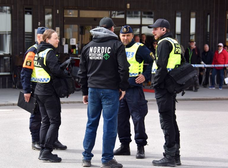 Police at Nordic Resistance Movement demonstration, Ludvika, Sweden