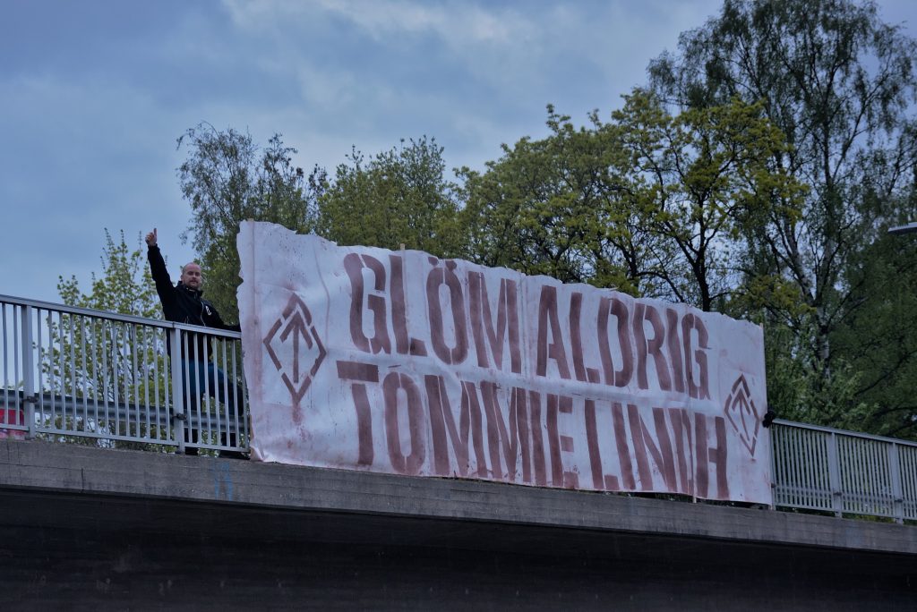 "Never Forget Tommie Lindh banner", Västerås, Sweden