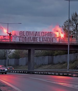 "Never Forget Tommie Lindh banner", Västerås, Sweden
