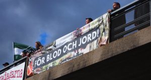NRM "For Blood and Soil" banner in Örkelljunga, Sweden