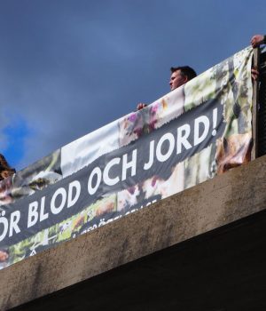 NRM "For Blood and Soil" banner in Örkelljunga, Sweden