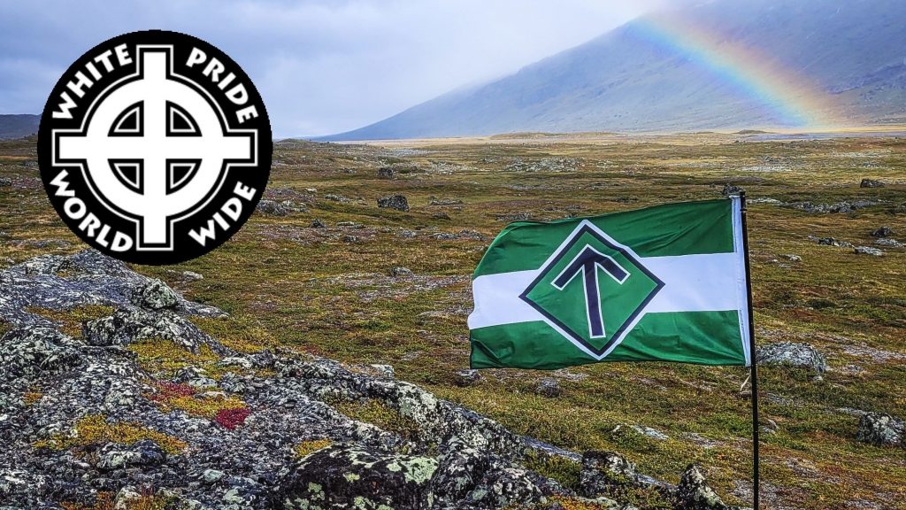Nordic Resistance Movement flag in Swedish mountains with WPWW logo