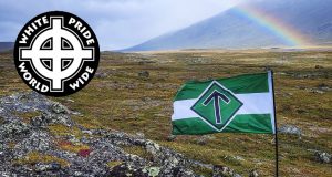 Nordic Resistance Movement flag in Swedish mountains with WPWW logo