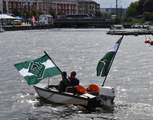 Nordic Resistance Movement activists on a boat action in Jönköping, Sweden