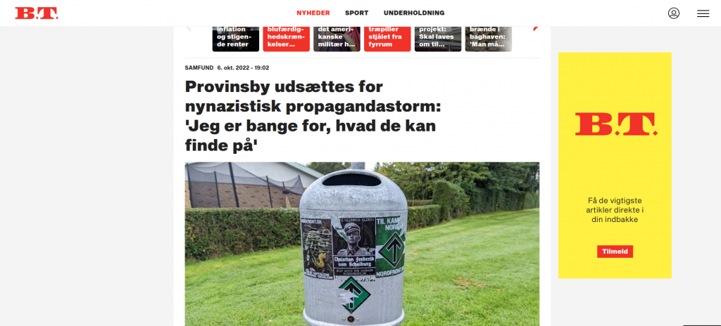 BT.dk Nordic Resistance Movement screenshot about activism in Hørning