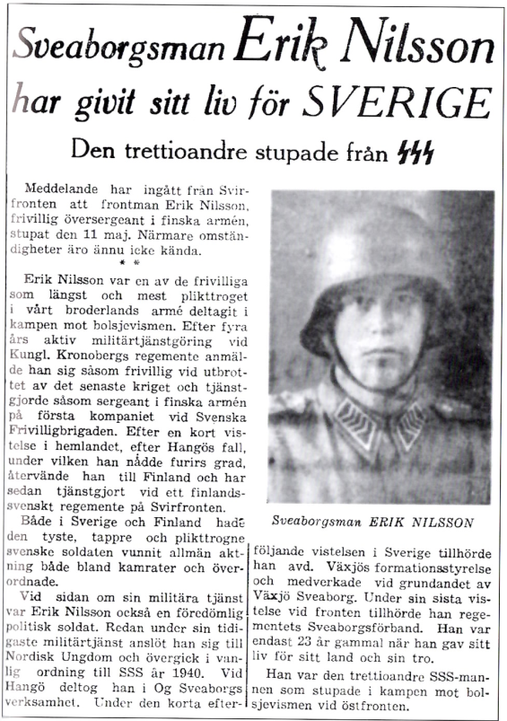 Soldier Erik Nilsson death, newspaper report
