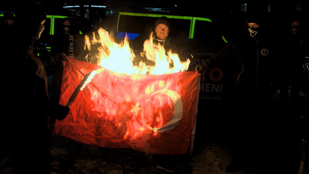 Nordic Resistance Movement Stockholm Dresden Nato protest burning Turkish flag