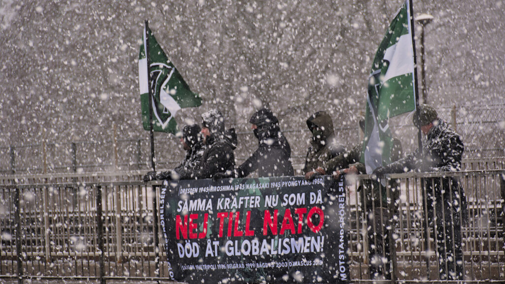 "No to Nato!" Nordic Resistance Movement banner action, Stockholm, Sweden