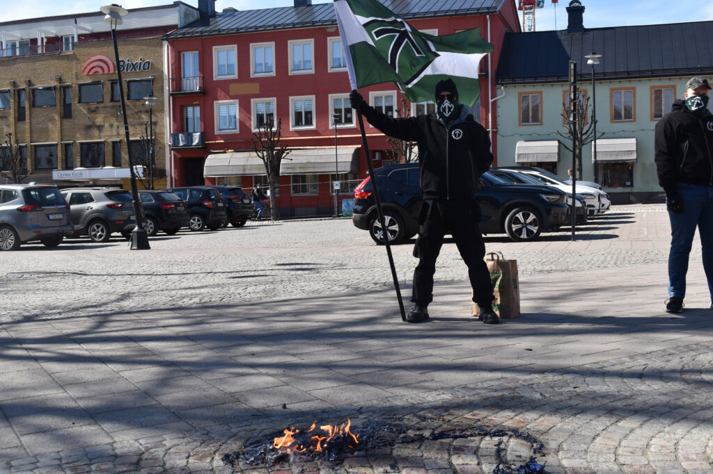 Nordic Resistance Movement EU flag burning on European Union Day, Nässjö, Småland
