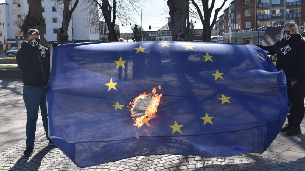 Nordic Resistance Movement EU flag burning on European Union Day, Nässjö, Småland